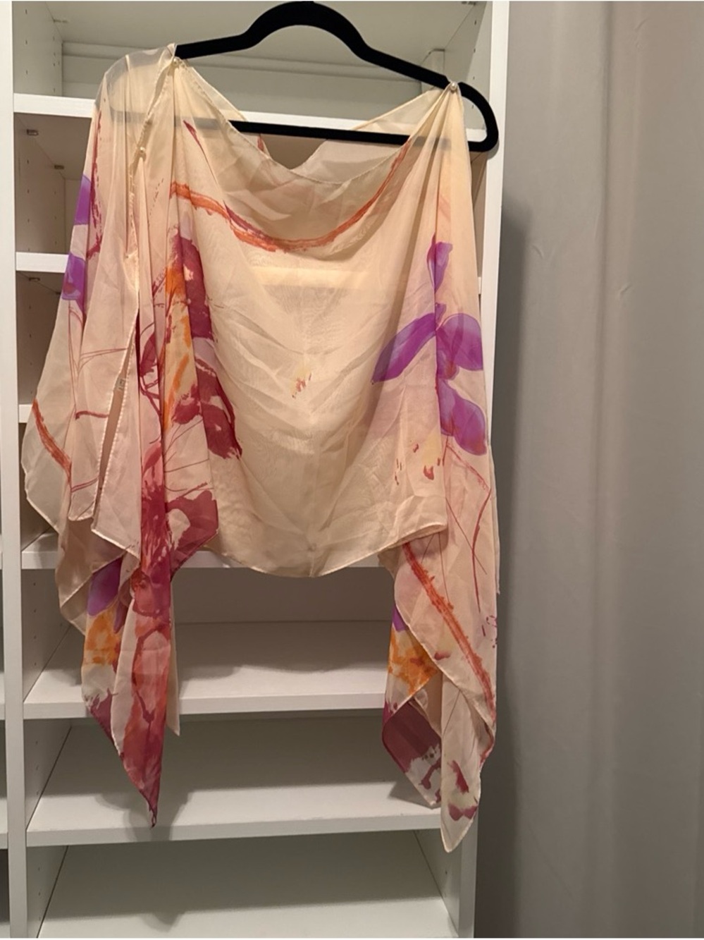 Light Cream Floral Sheer Scarf with Pink & Purple Accents
